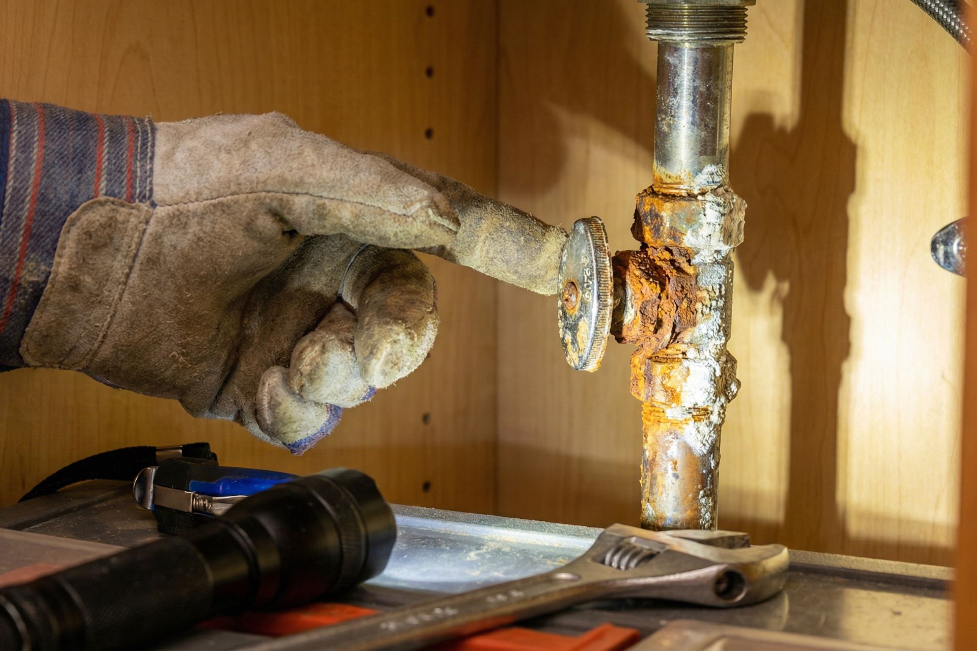 Close-up of gloved hand pointing to severely corroded and rusted pipe fittings and shut-off valve showing extensive orange-brown corrosion buildup, with wrenches visible on work surface below.