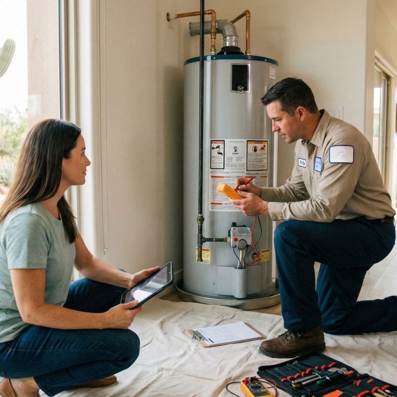 Professional plumber in uniform explaining water heater maintenance to female homeowner holding tablet and clipboard, while inspecting residential water heater in garage with desert landscaping including saguaro cacti visible through window, tools on floor.