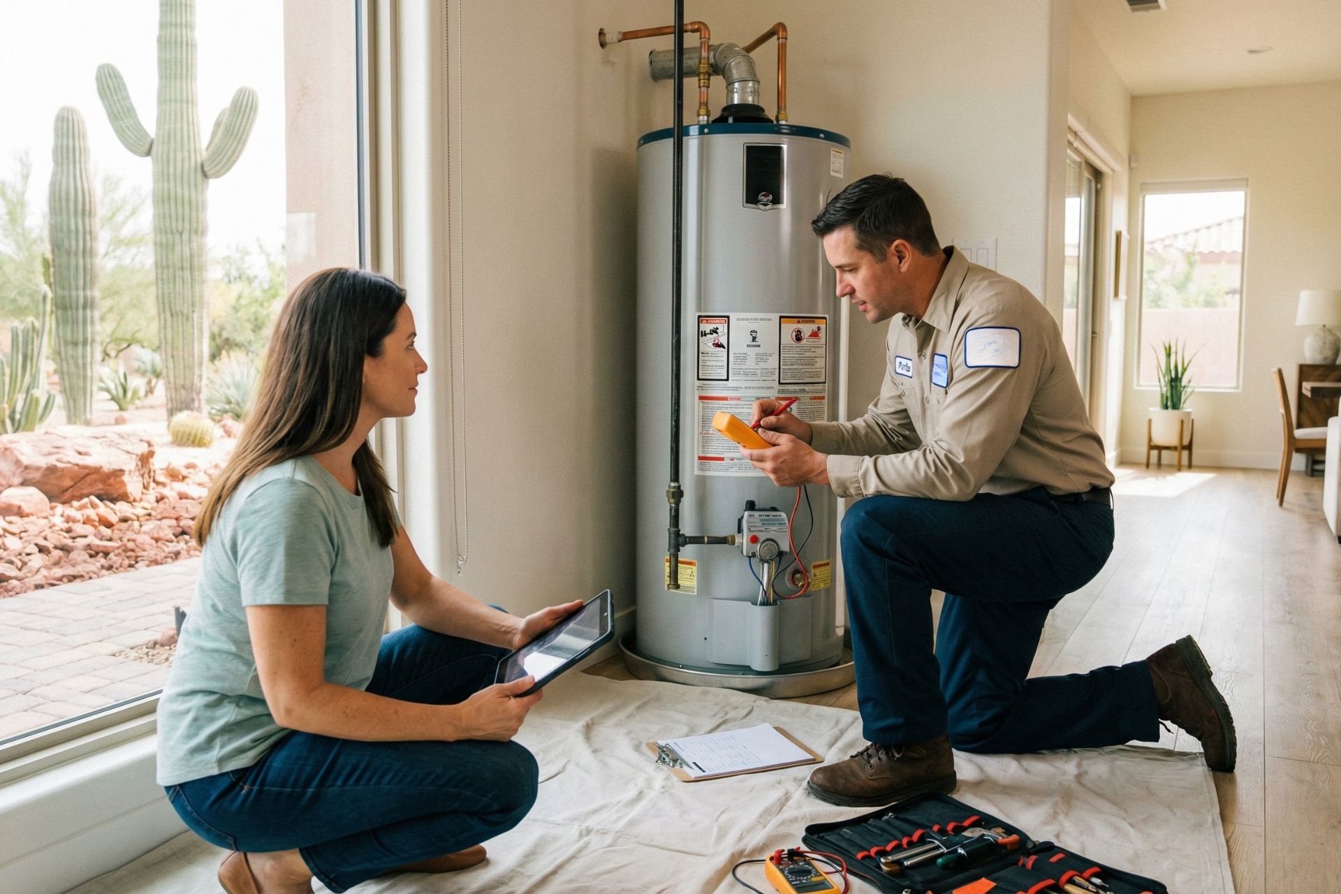 Professional plumber in uniform explaining water heater maintenance to female homeowner holding tablet and clipboard, while inspecting residential water heater in garage with desert landscaping including saguaro cacti visible through window, tools on floor.