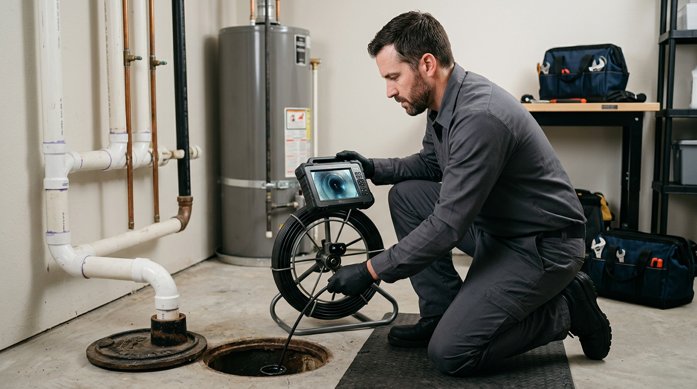 Plumbing technician using a high-resolution sewer camera to inspect a residential drain line