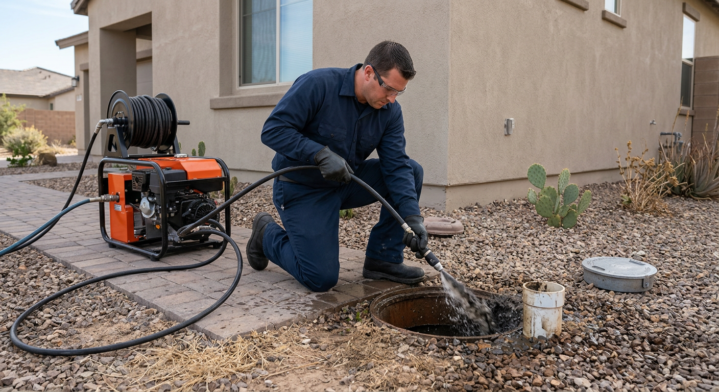Hydro-jetting equipment being used to clear a severe blockage in an Arizona home's main sewer line