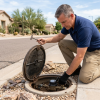 Utility technician inspecting residential water meter box in Phoenix neighborhood, checking for leaks at curbside.