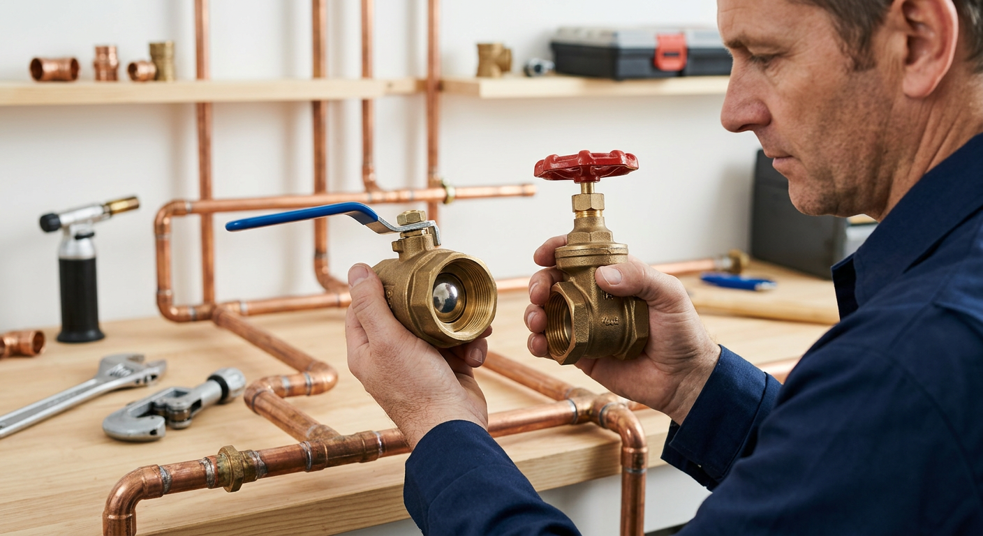 Comparison of a brass ball valve and a traditional gate valve used in residential plumbing systems