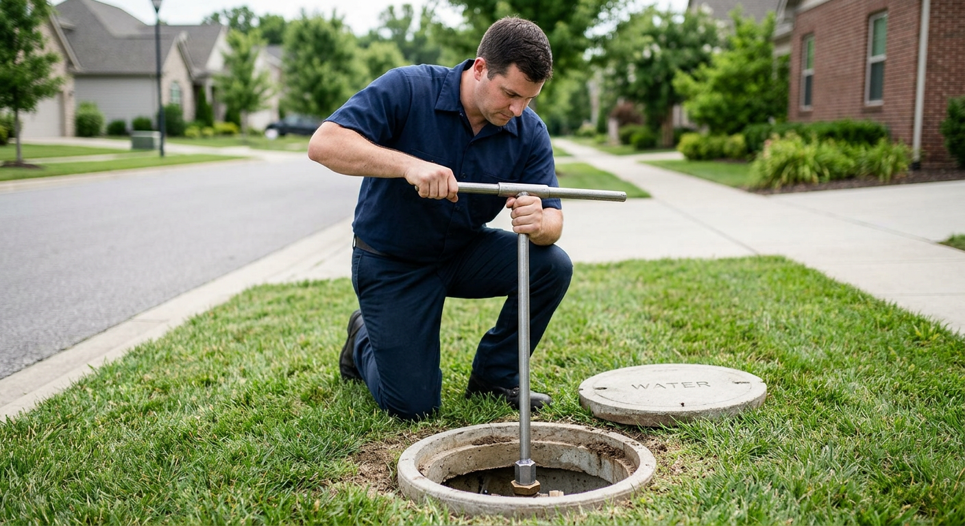 Using a specialized water meter key to turn off the municipal water supply at the curb stop
