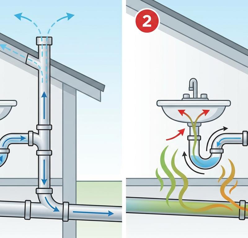 Plumbing vent diagram: proper vented sink vs clogged roof vent stack causing sewer gas odors and slow drains.