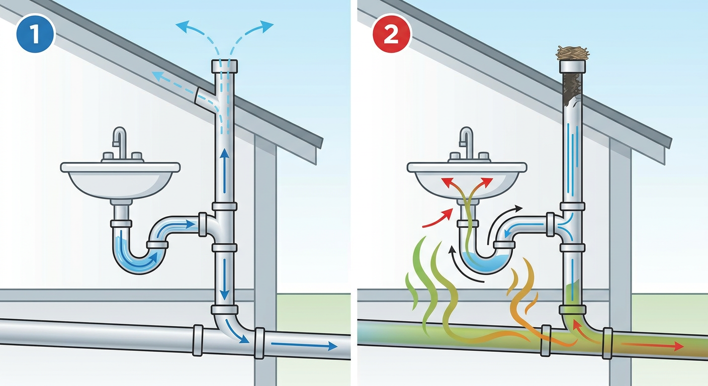 A diagram showing how a blocked plumbing vent causes water to be siphoned from a P-trap, allowing sewer gas to enter the home.