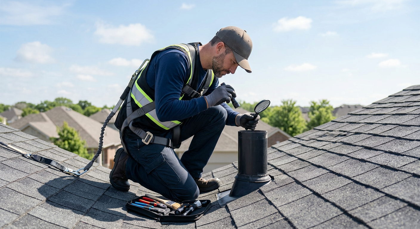 A professional plumber inspecting a residential roof vent pipe for debris and bird nests during a routine maintenance check.
