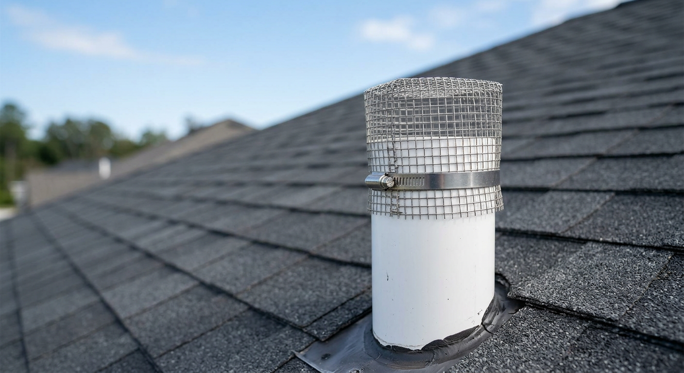 A close-up of a protective mesh screen installed over a plumbing vent pipe to prevent debris and pests from entering the system.