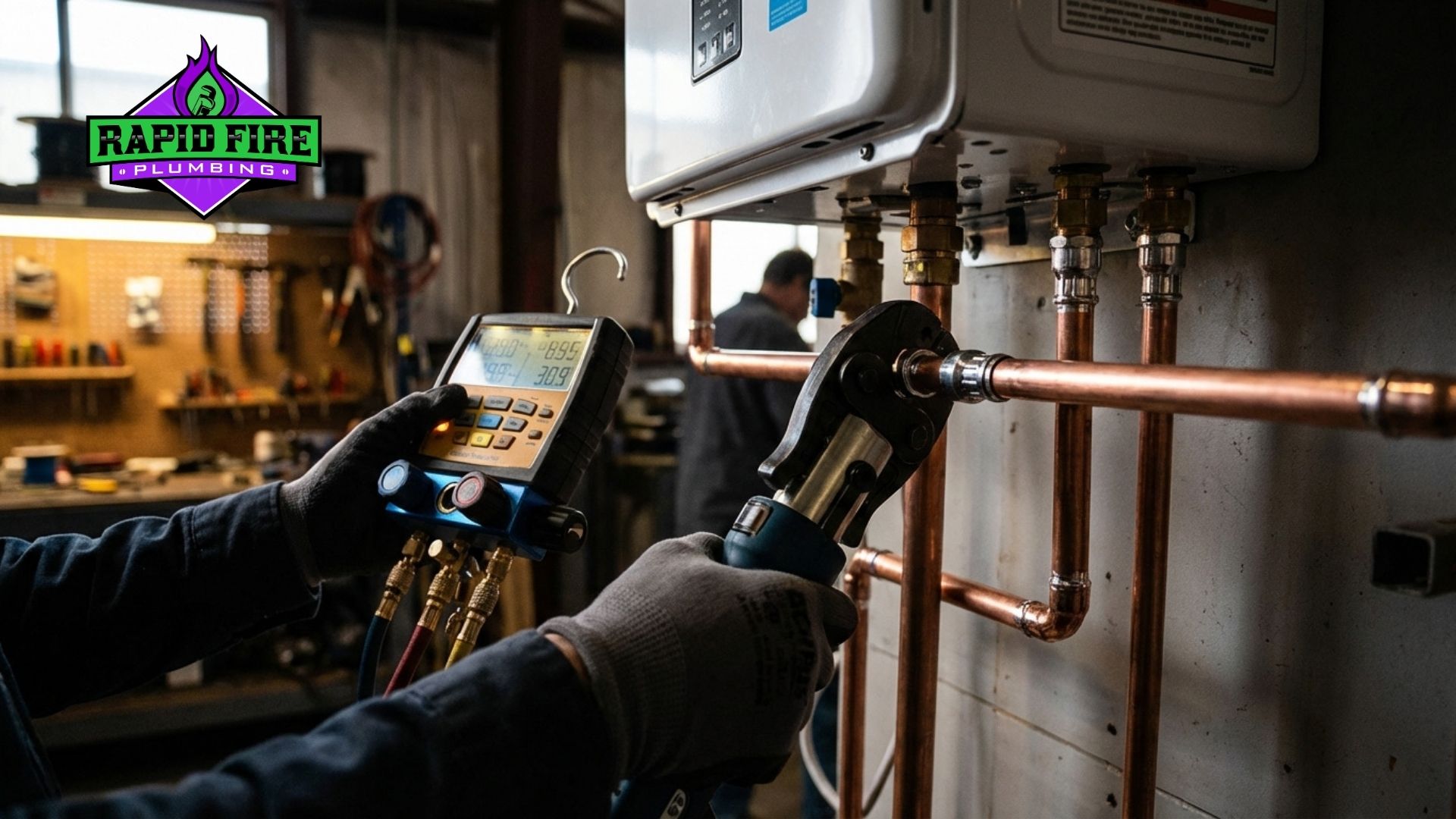 Plumber using press tool and digital gauge to install copper pipes on tankless water heater | Rapid Fire Plumbing service