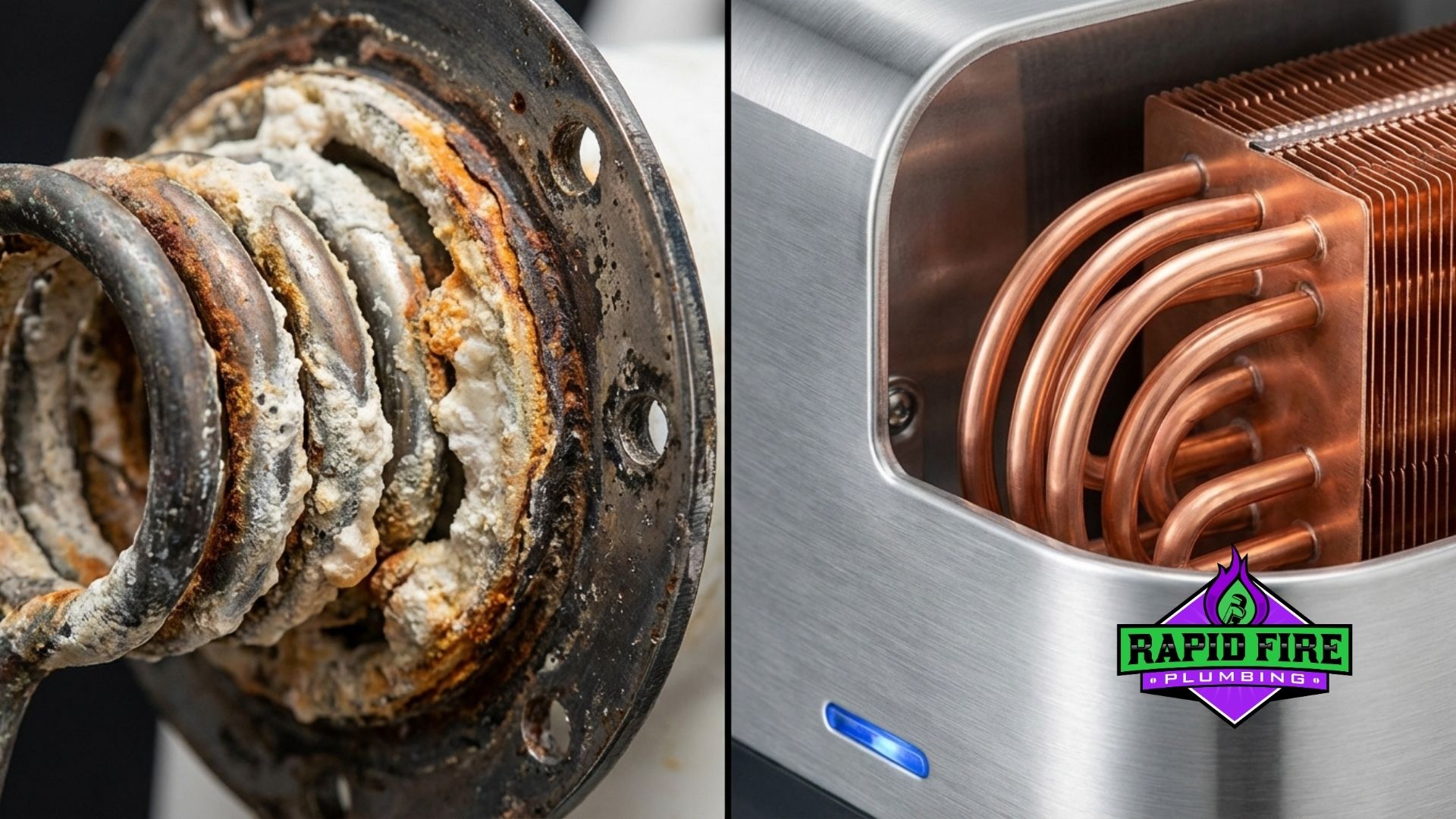 Corroded water heater element with limescale vs clean tankless copper heat exchanger | Rapid Fire Plumbing