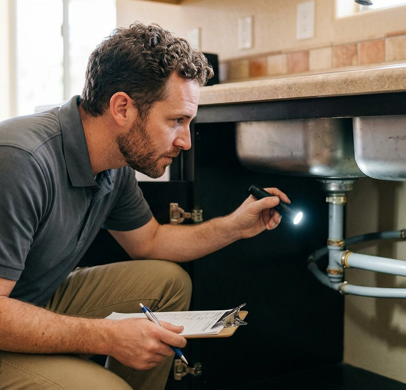 Plumber inspects kitchen sink pipes for leaks with flashlight and clipboard during home plumbing inspection service