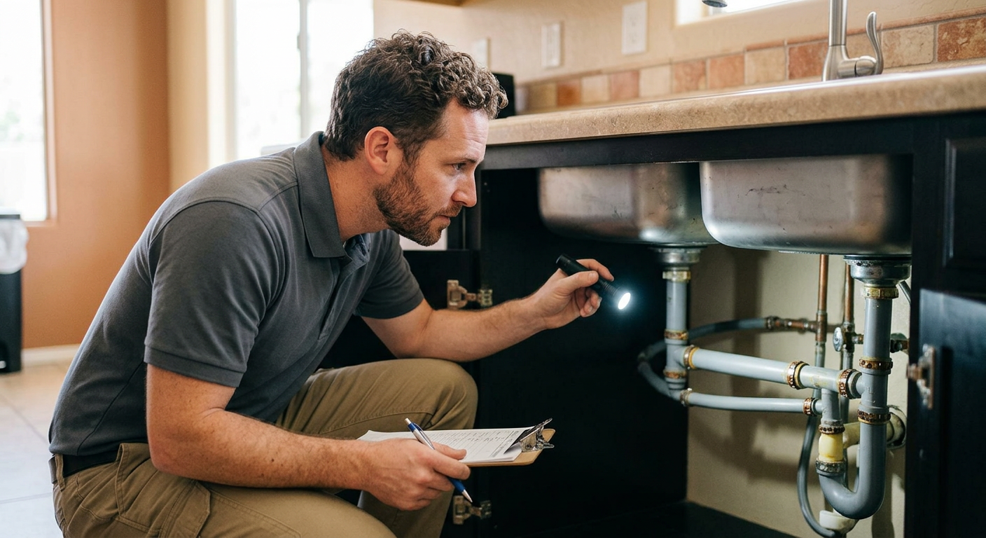 Inspector examining outdated polybutylene plumbing pipes under a sink in an Arizona home