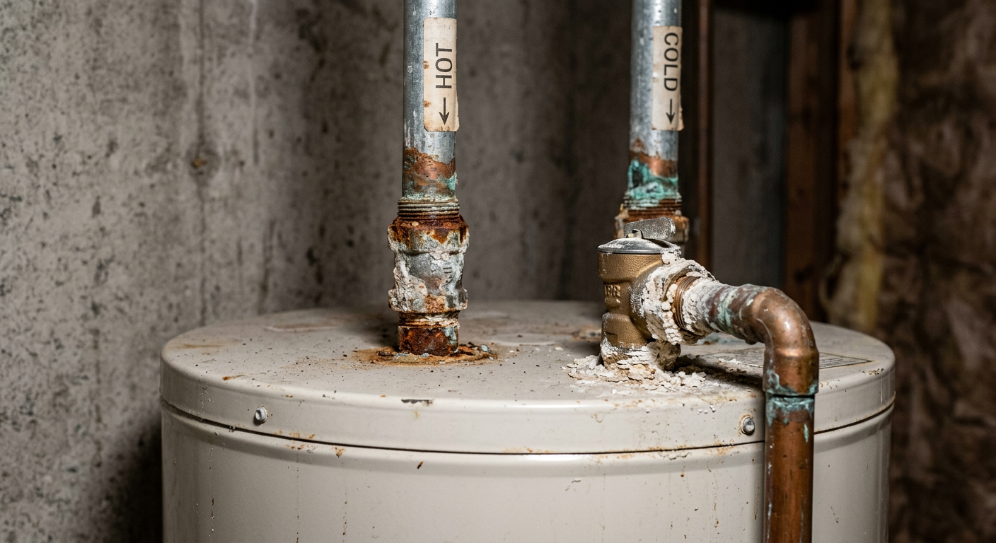 Corroded water heater connections and TPR valve showing signs of hard water scale