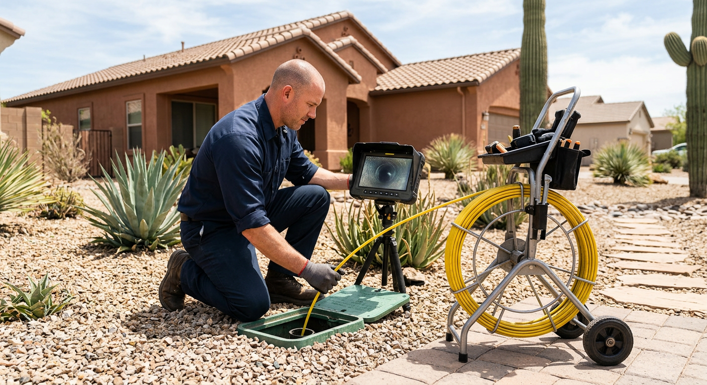 Plumber performing a CCTV sewer camera inspection on an Arizona residential property