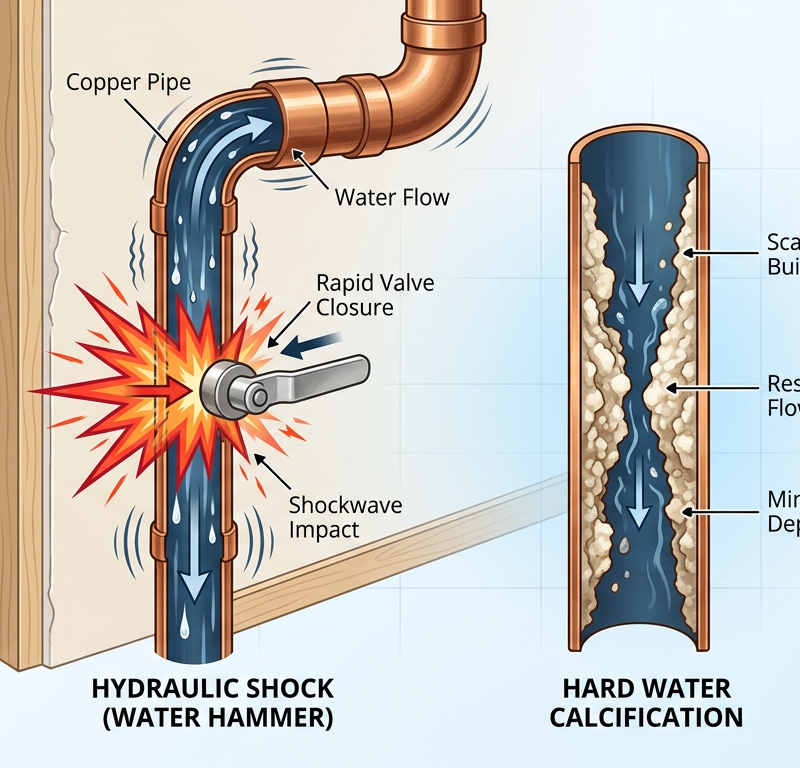 Plumbing diagram: water hammer hydraulic shock in copper pipe and hard water scale deposits restricting flow.
