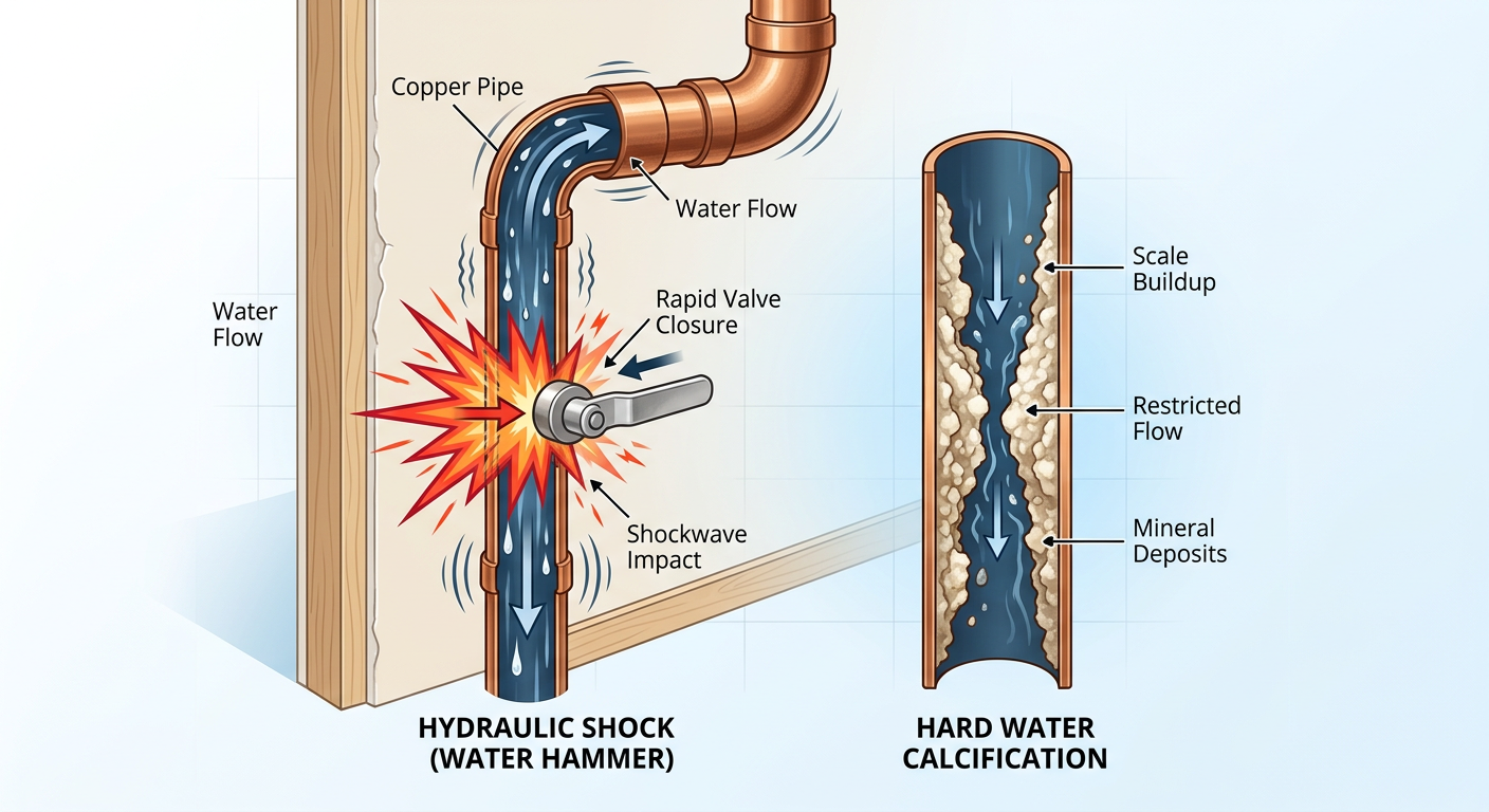 Diagram showing hydraulic shock and hard water calcification in residential copper piping