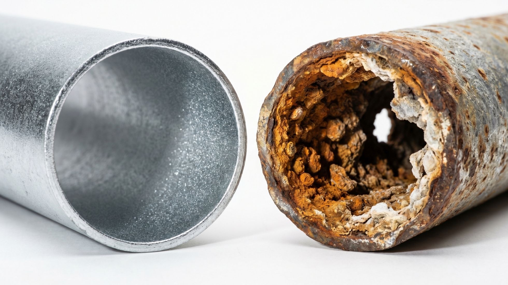 New metal pipe beside severely corroded, clogged galvanized pipe with rust and limescale buildup