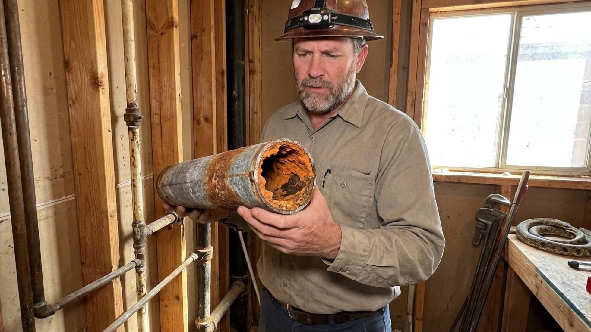 Plumber holds severely corroded galvanized pipe, rust buildup blocking flow, during home plumbing repair in unfinished room.