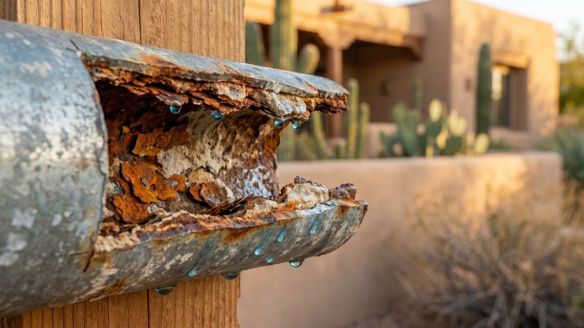 Rusted burst galvanized water pipe leaking at desert stucco home, severe corrosion with dripping water.
