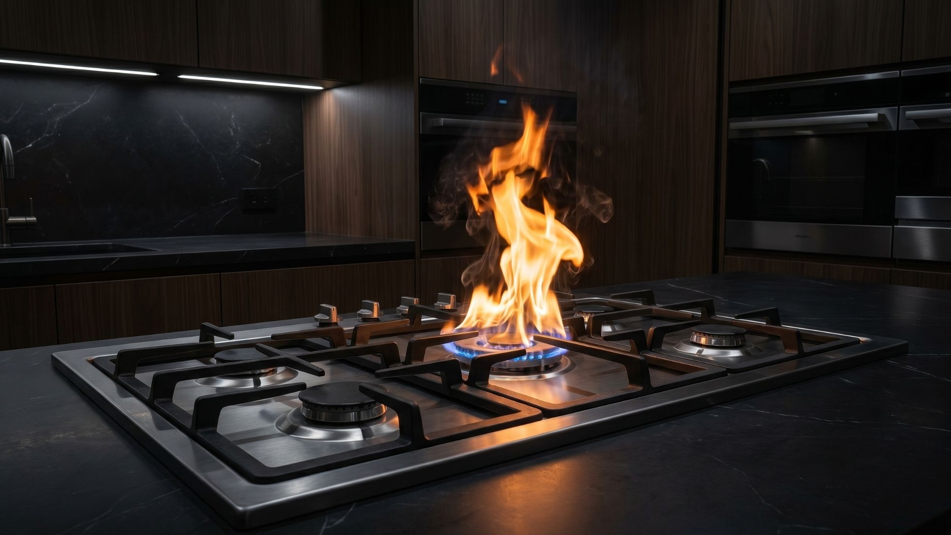 Gas stove flare-up on stainless steel cooktop in modern kitchen, blue burner flame, safety hazard.