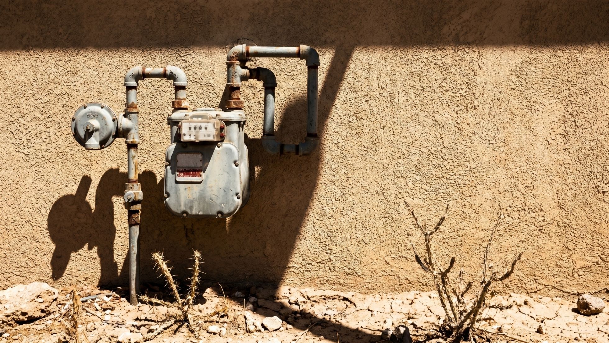 Residential natural gas meter with regulator and rusted pipes on stucco wall in dry yard.