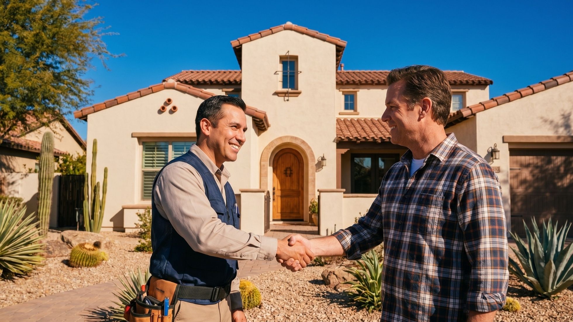 Home service contractor shaking hands with homeowner in front of stucco desert home after successful repair.