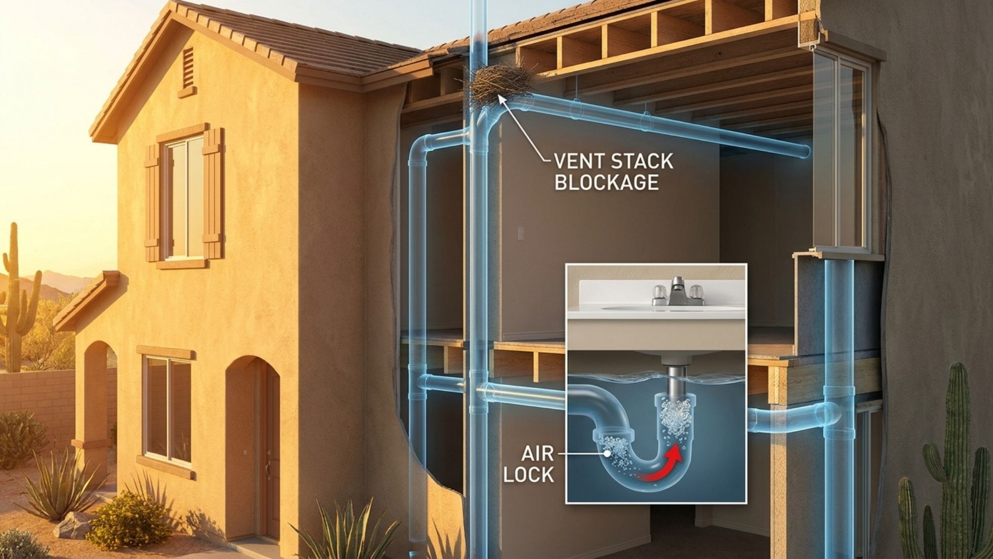 House cutaway showing plumbing vent stack blockage by bird nest and sink P-trap air lock causing slow, gurgling drains.