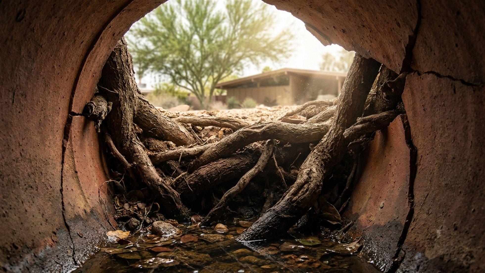 Tree roots invading cracked sewer drain pipe near home, blocking water flow and causing plumbing clog.