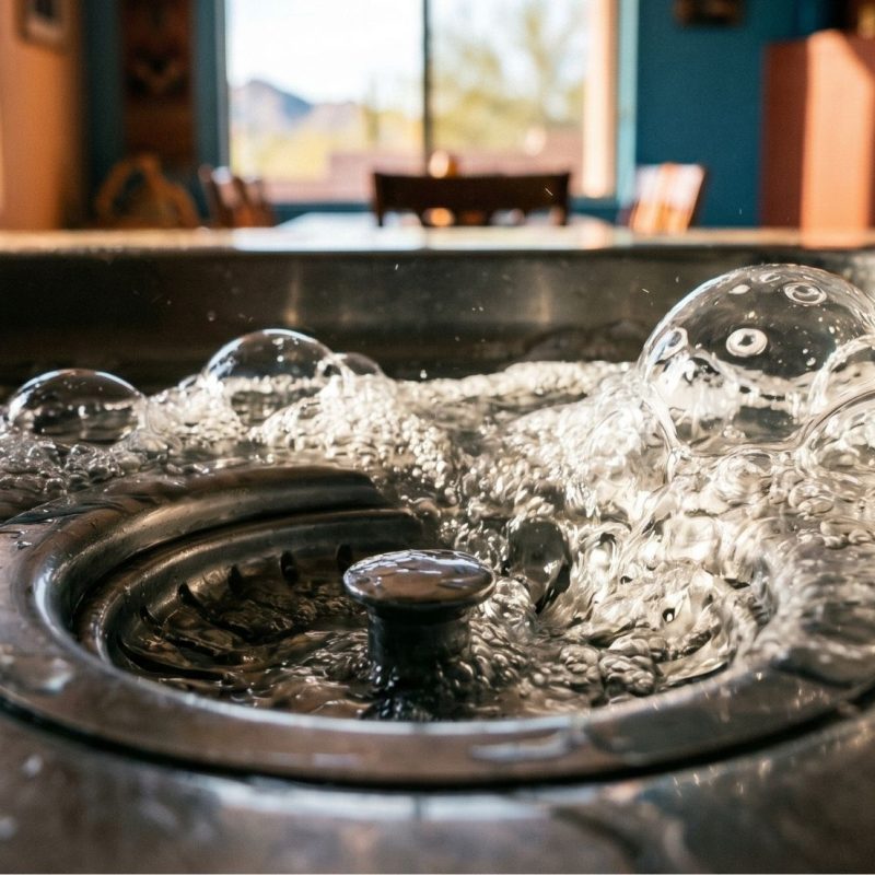 Stainless steel kitchen sink drain bubbling with water, sign of clogged plumbing and backed-up garbage disposal.