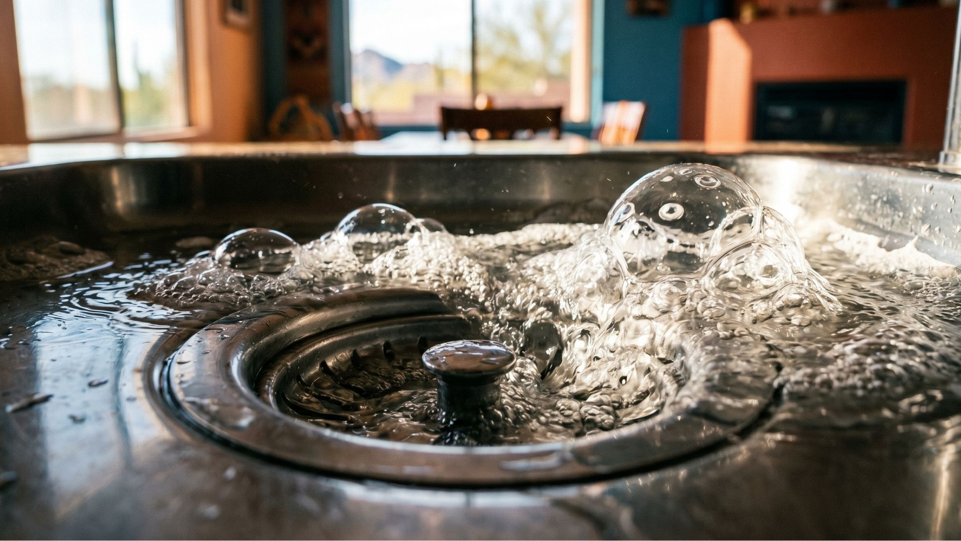 Stainless steel kitchen sink drain bubbling with water, sign of clogged plumbing and backed-up garbage disposal.