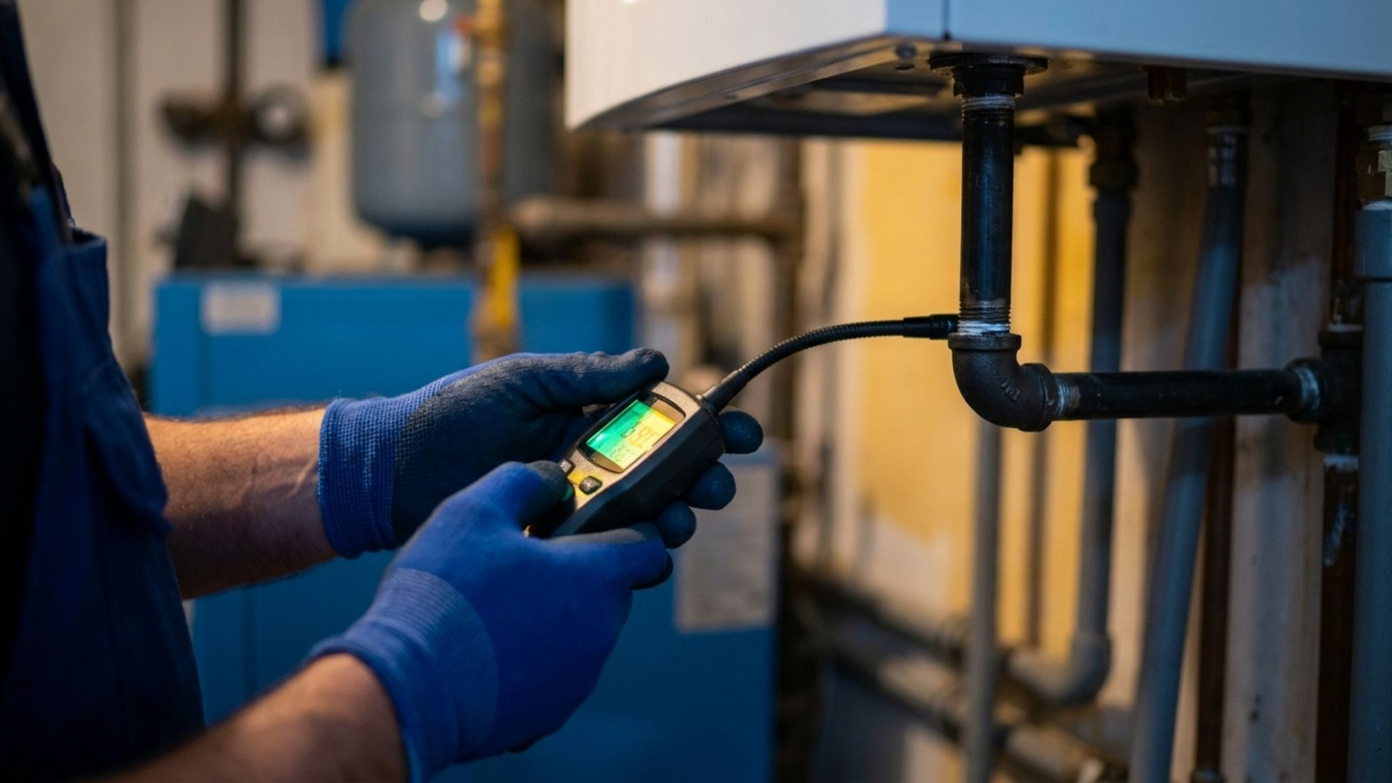 HVAC technician using gas leak detector to inspect boiler pipes during furnace maintenance.