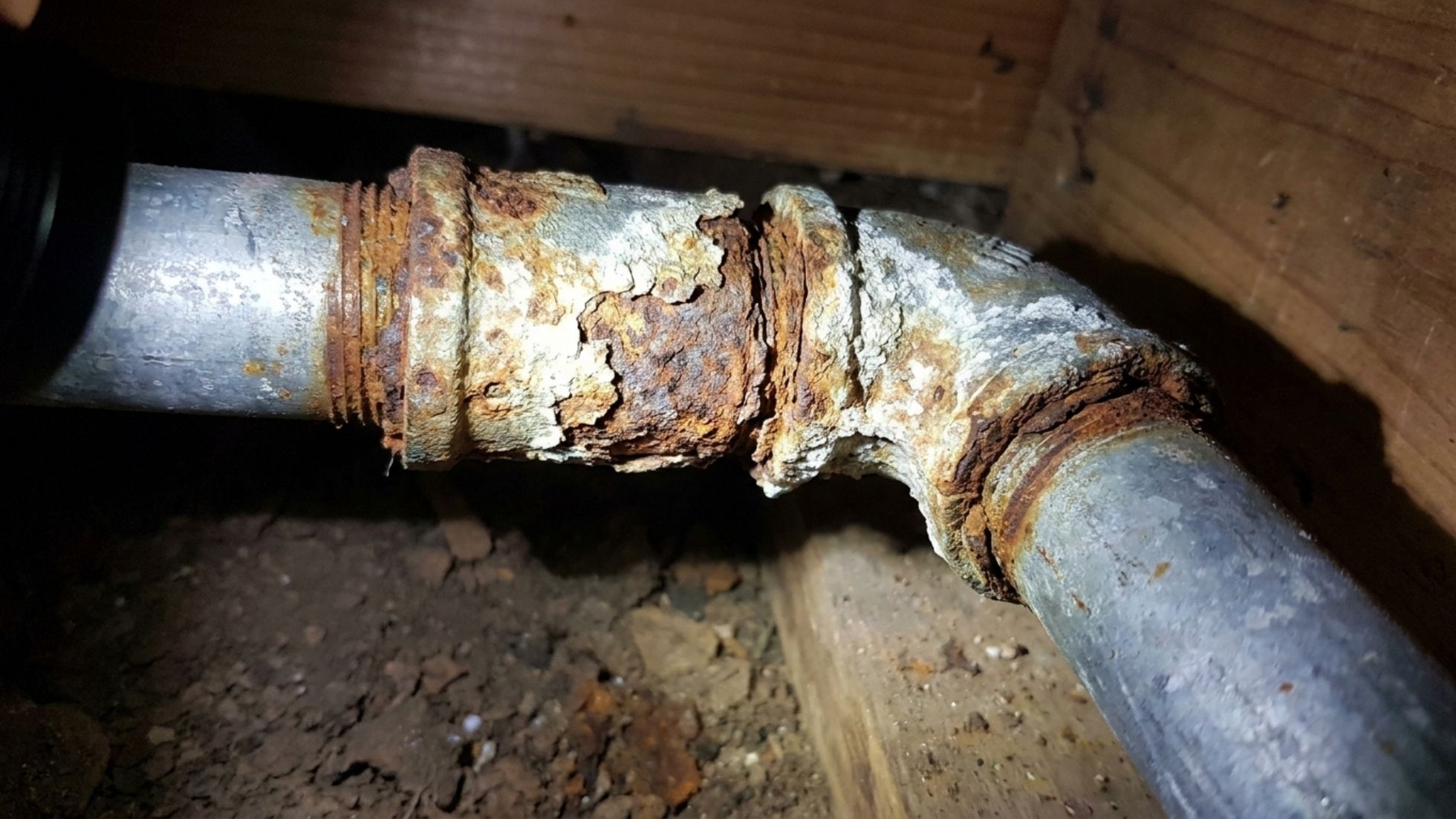 Severely corroded galvanized steel pipe elbow with rust and leak risk in crawl space; urgent plumbing repair needed.