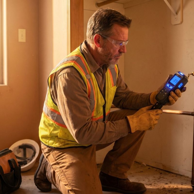 Plumber using digital leak detector on copper pipes during home inspection, wearing safety vest and gloves