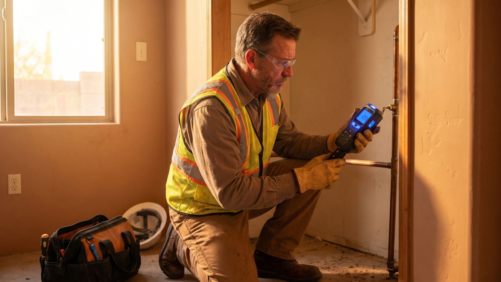 Plumber using digital leak detector on copper pipes during home inspection, wearing safety vest and gloves