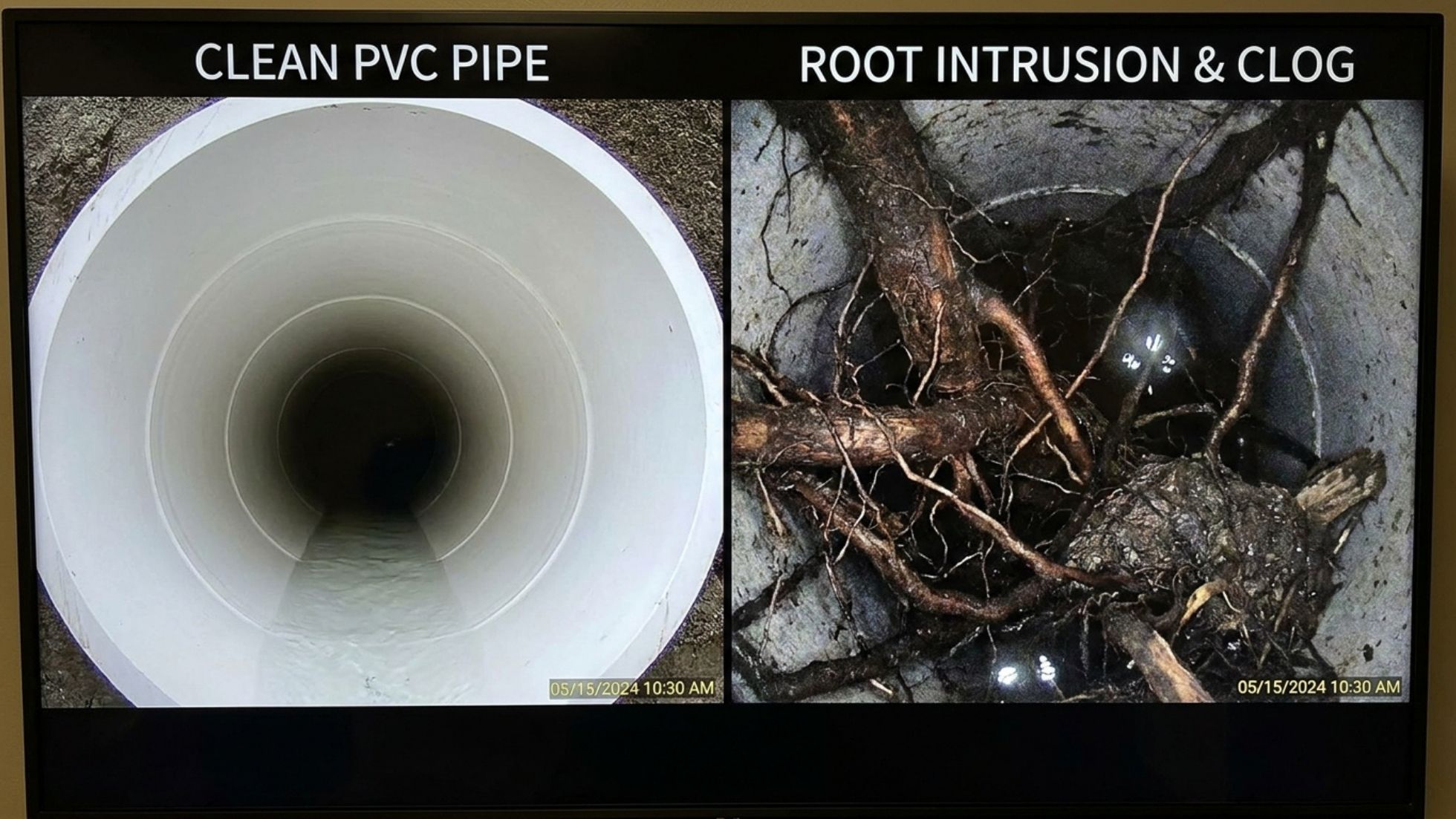 Sewer camera inspection: clean PVC drain vs clogged pipe with tree root intrusion.