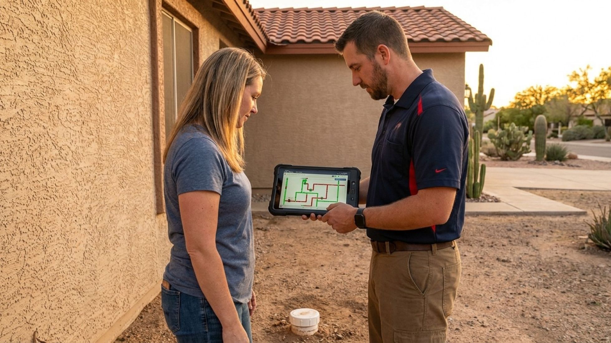 Plumber shows homeowner sewer line inspection on tablet outside desert home — leak detection and drain service.