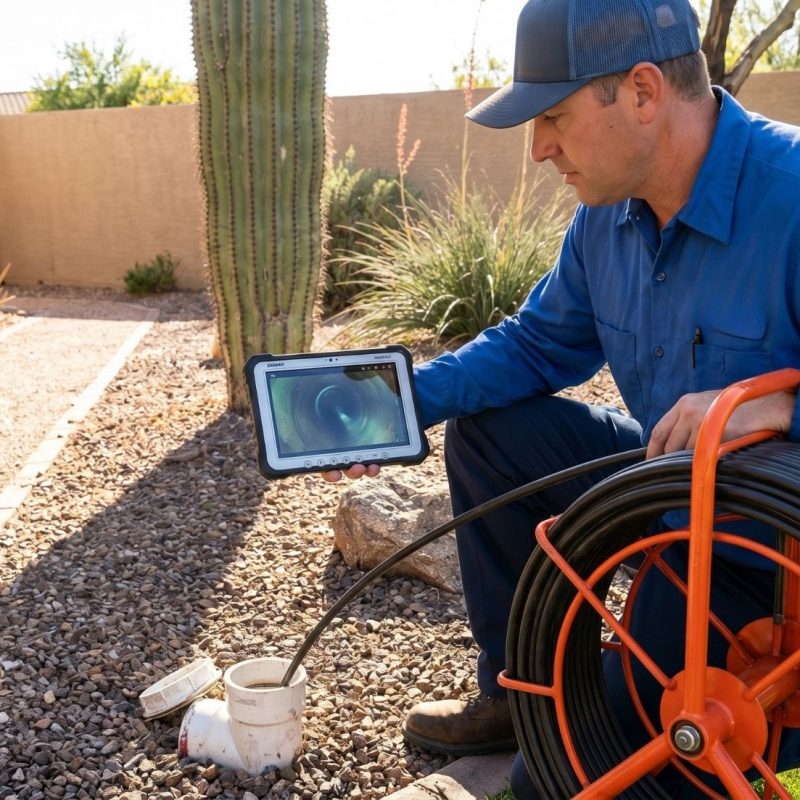 Technician using sewer line camera for residential drain inspection, viewing pipe video on tablet at outdoor cleanout