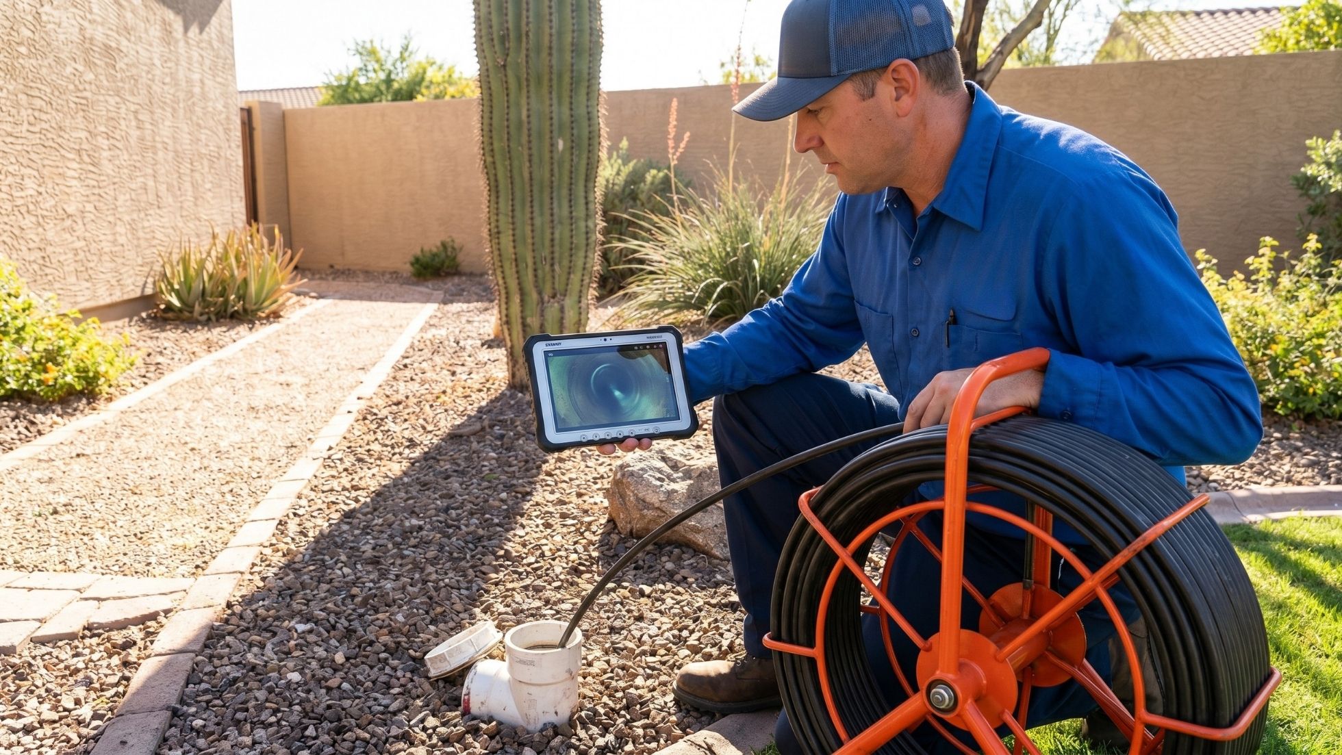 Technician using sewer line camera for residential drain inspection, viewing pipe video on tablet at outdoor cleanout