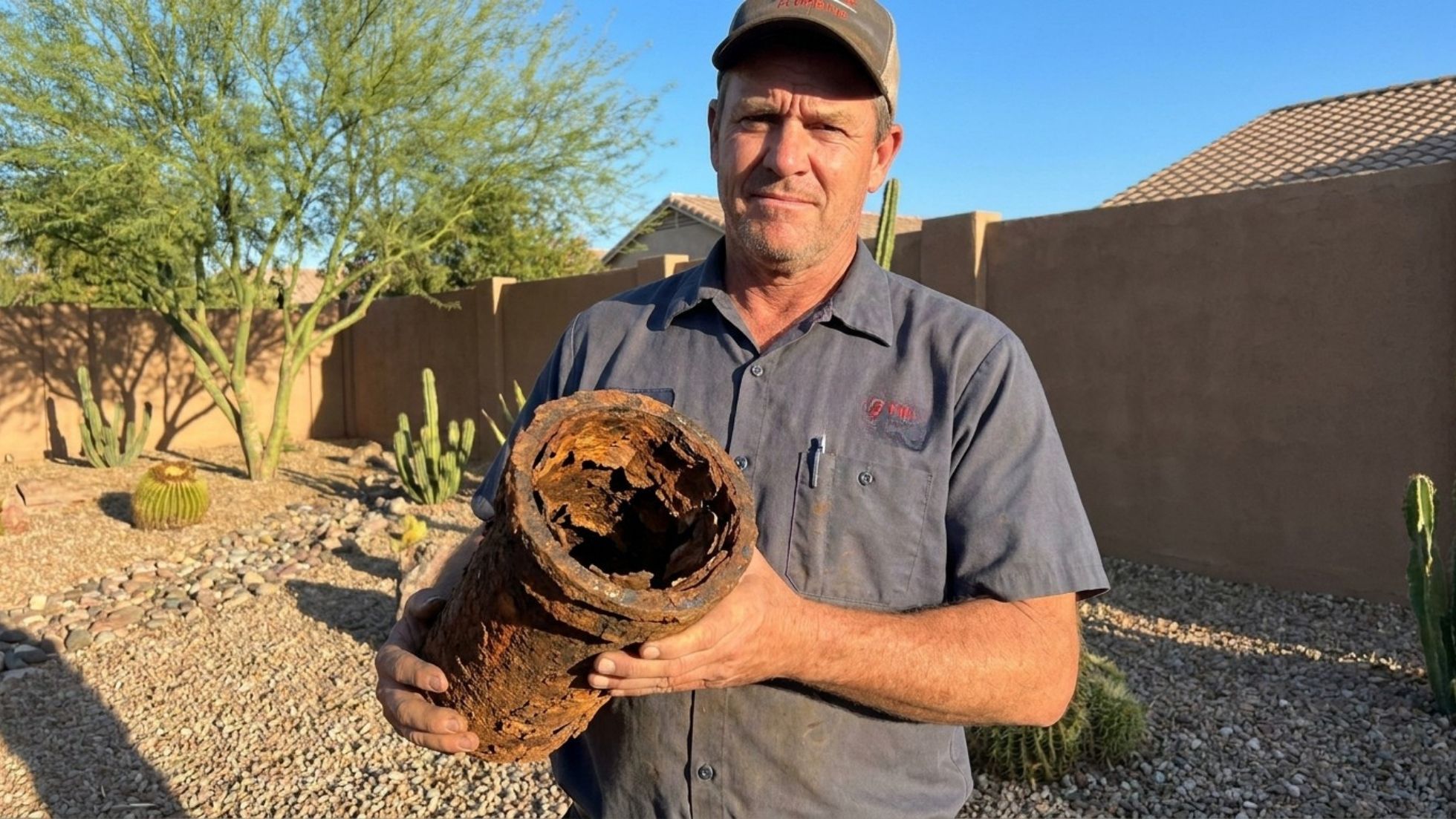Plumber holding rusty, corroded pipe in desert backyard with cacti and gravel landscaping.