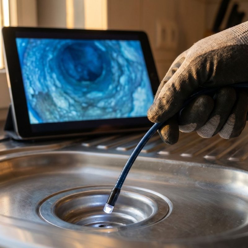 Plumber using drain inspection camera in kitchen sink; sewer pipe view on tablet, diagnosing clogged drain.