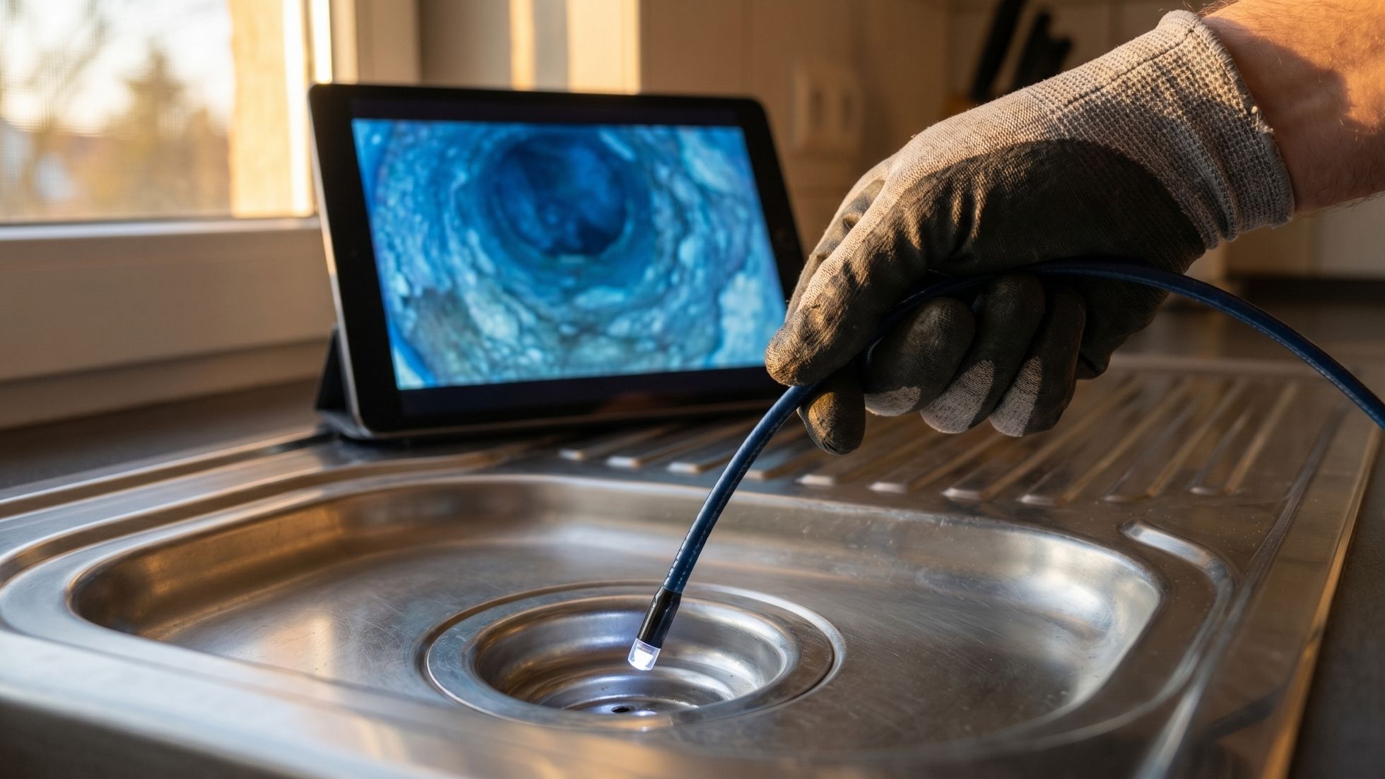 Plumber using drain inspection camera in kitchen sink; sewer pipe view on tablet, diagnosing clogged drain.
