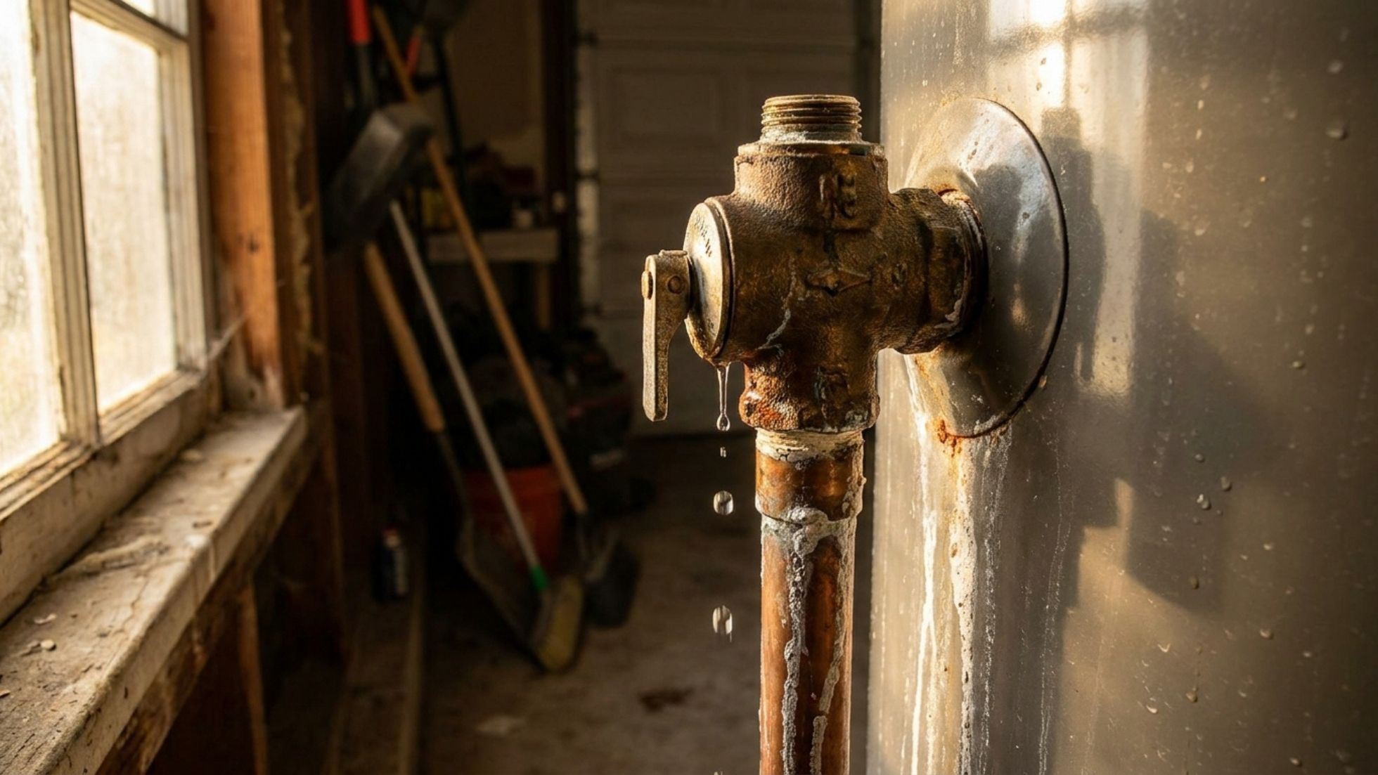 Leaking water heater relief valve dripping from rusty pipe in garage—corrosion showing need for plumbing repair.
