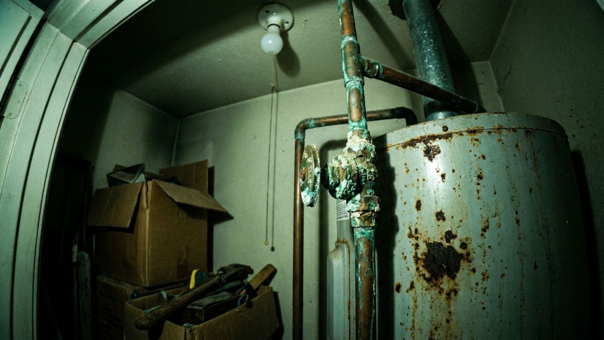 Rusted water heater with corroded copper pipes in cluttered utility closet, boxes and tools, need replacement and repair.