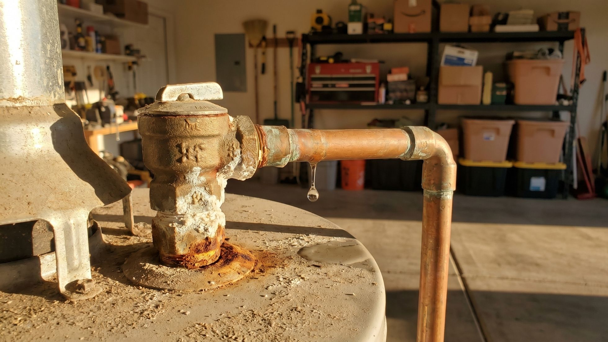 Leaking water heater T&P pressure relief valve, corroded copper pipe with rust and drip in garage.