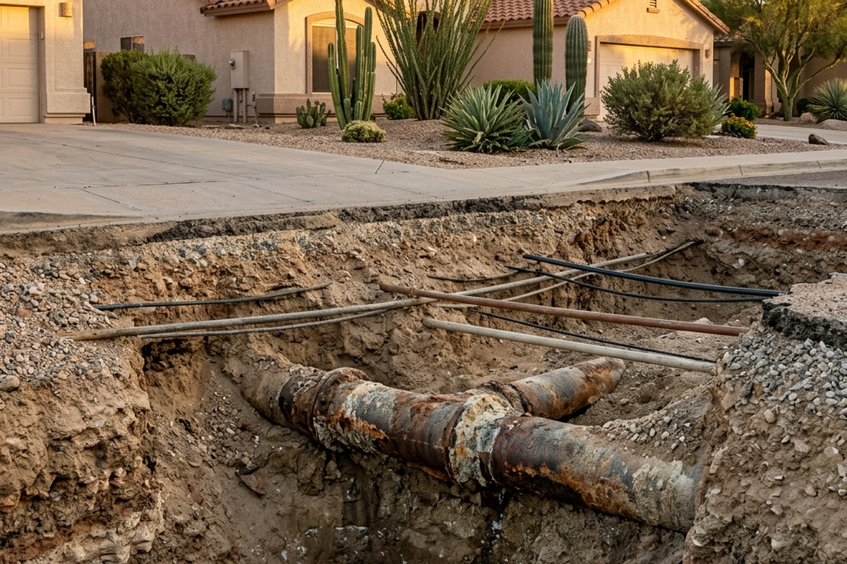 Residential street excavation exposing rusty sewer main and utility conduits in desert landscape neighborhood