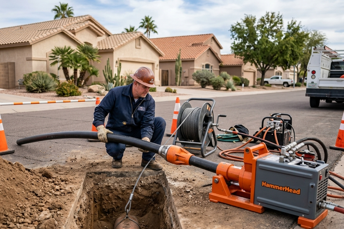 Utility worker performs trenchless sewer line replacement with pipe bursting machine on a suburban residential street.