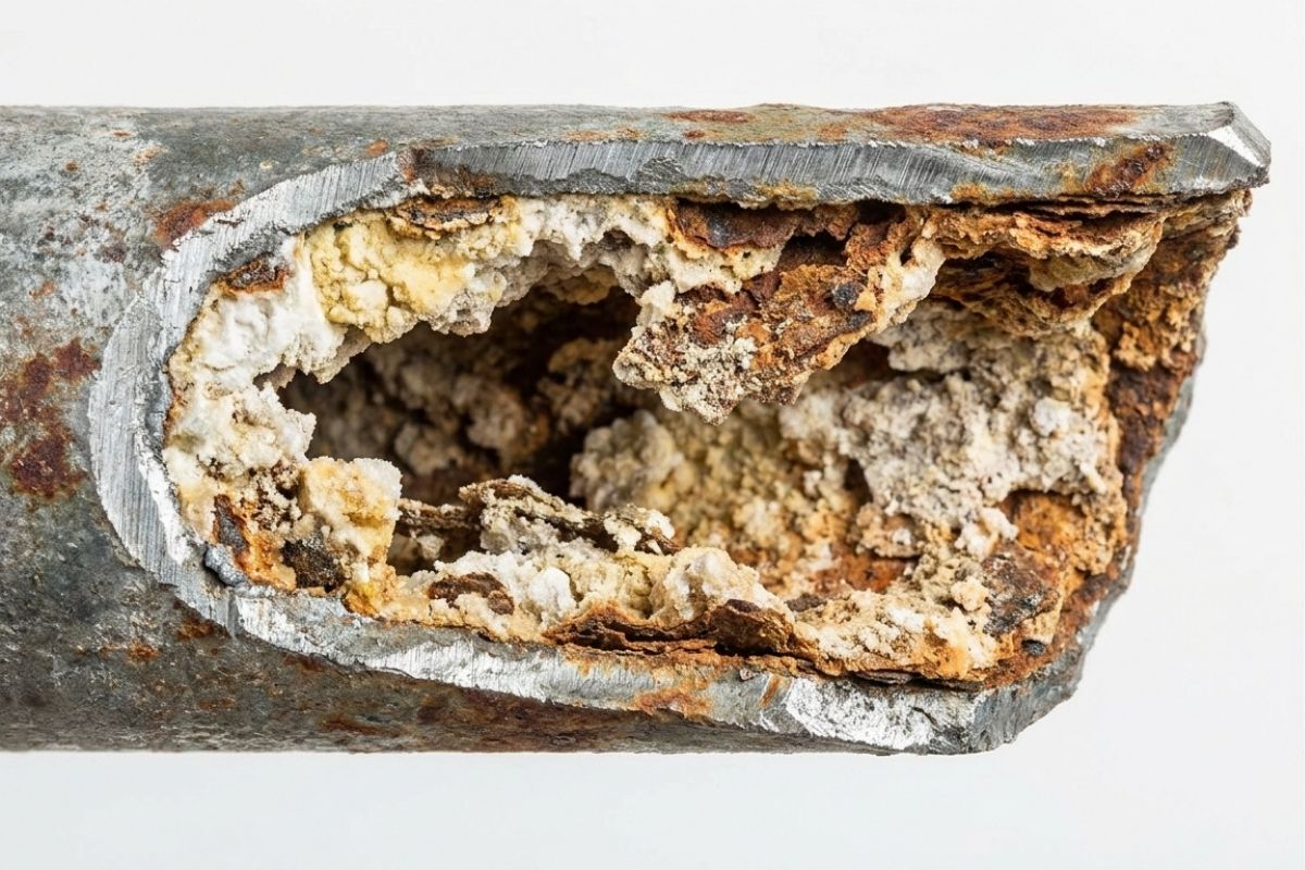 Severely corroded galvanized steel pipe clogged with rust and mineral scale buildup