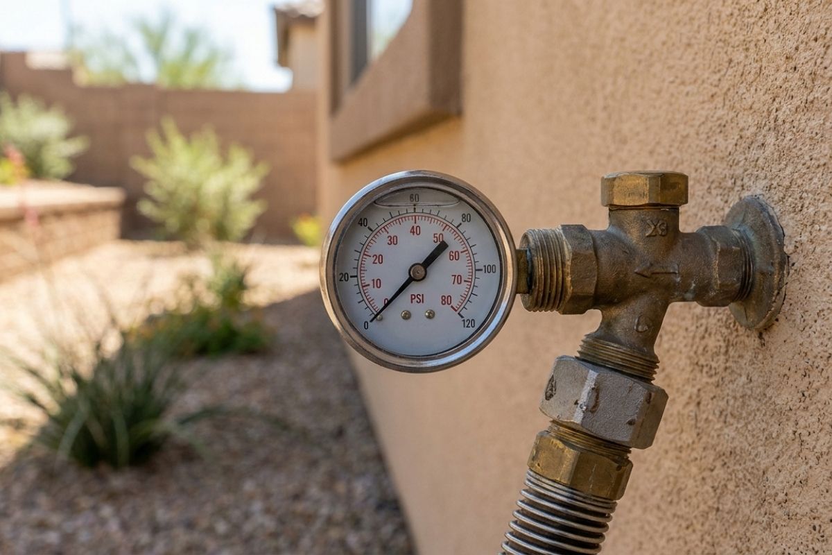 Outdoor water pressure gauge on home plumbing line showing PSI reading, mounted on stucco wall in desert backyard.