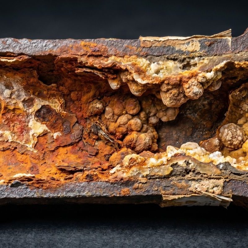Cross-section of a severely rusted cast iron pipe with heavy corrosion and mineral scale buildup