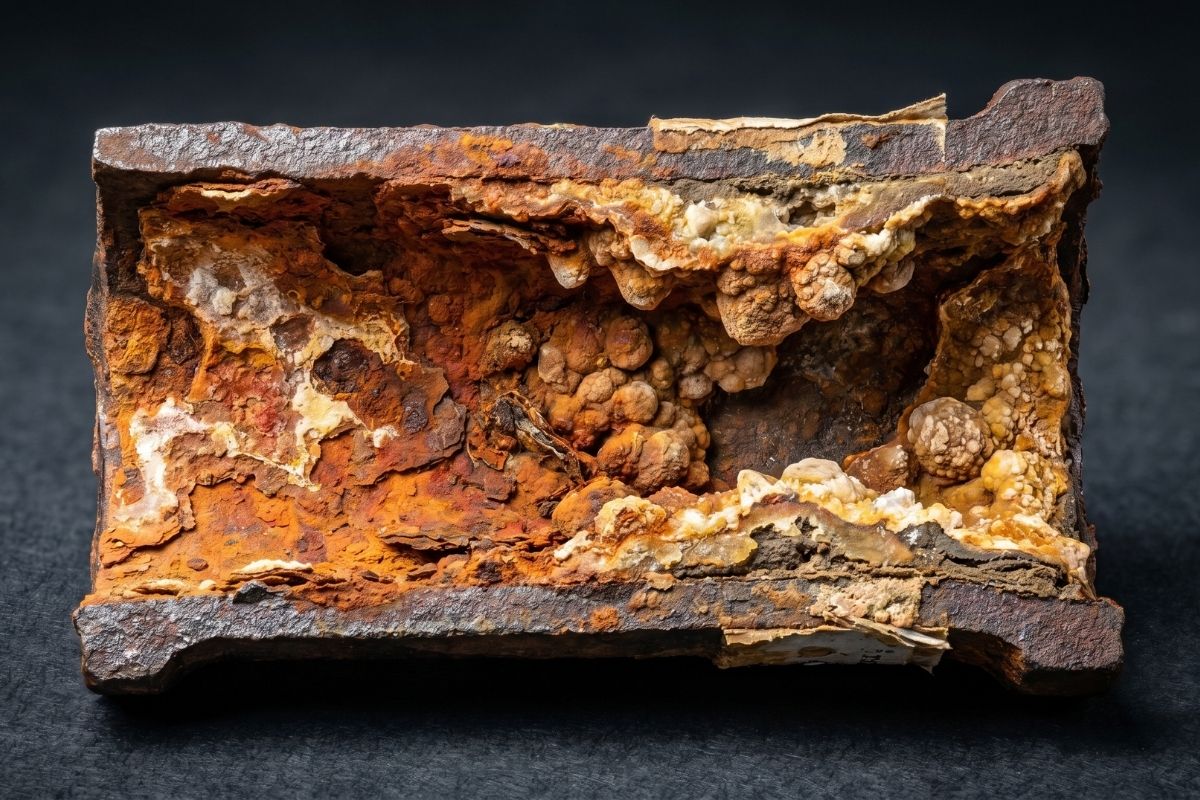 Cross-section of a severely rusted cast iron pipe with heavy corrosion and mineral scale buildup